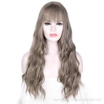 Vigorous Synthetic Long Gray Wigs with Bangs Water Wave Heat Resistant Black Brown Pink Purple Cosplay Wigs for Women